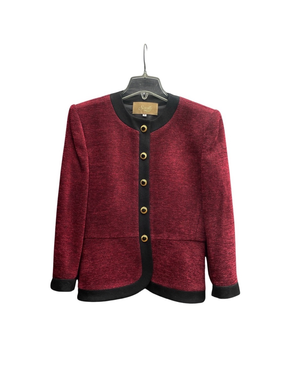 Vintage Saville Burgundy Black Herringbone Large Button Peplum Jacket Sz 8